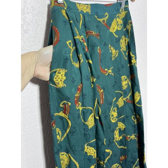 Vintage CHAUS Belts & Medallions Pleated Midi Skirt Green Size S 4 Old Money - Picture 2 of 7
